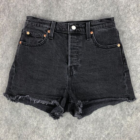 Levi’s- Premium Ribcage Shorts Black High Rise Cut Off Frayed Hem Faded - Picture 2 of 12
